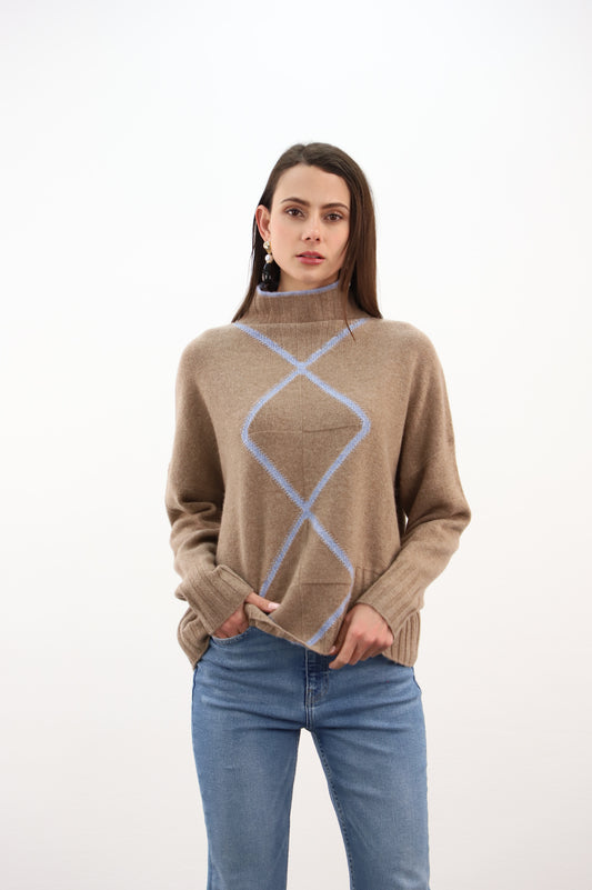 Estheme Cashmere Latte Cashmere High Neck Sweater Blue Line Pattern