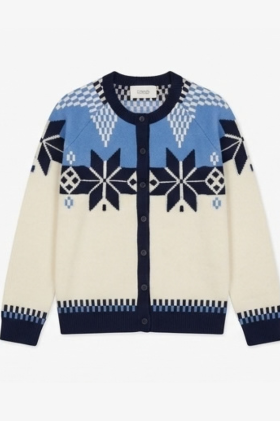 Cocoa Cashmere Pearl & Blue Patterned Cardigan – Wool Cashmere Blend