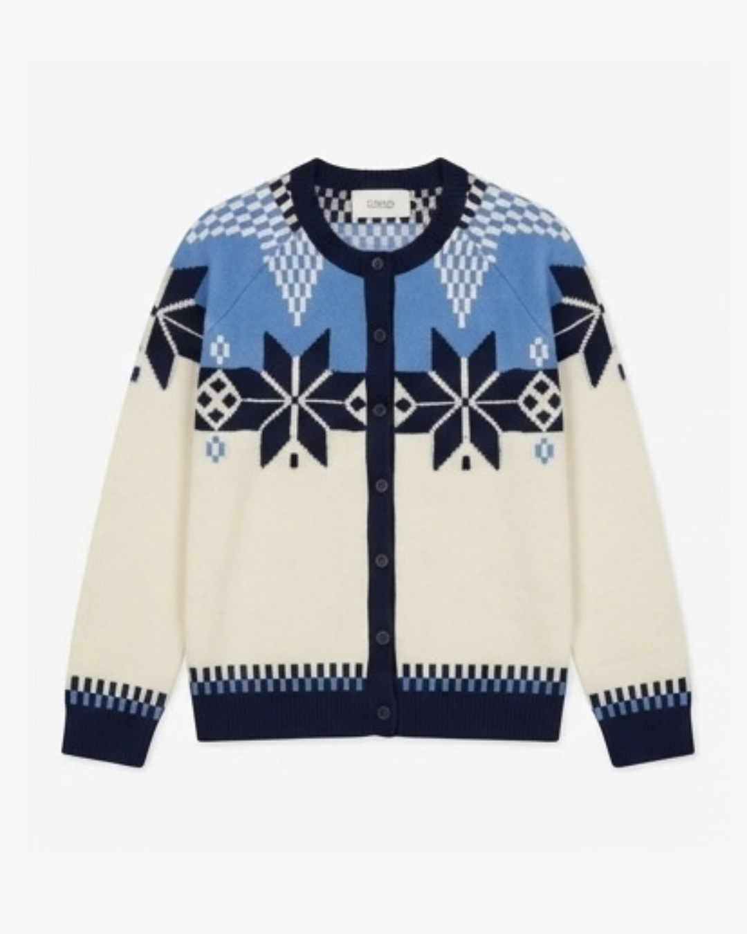 Cocoa Cashmere Pearl & Blue Patterned Cardigan – Wool Cashmere Blend