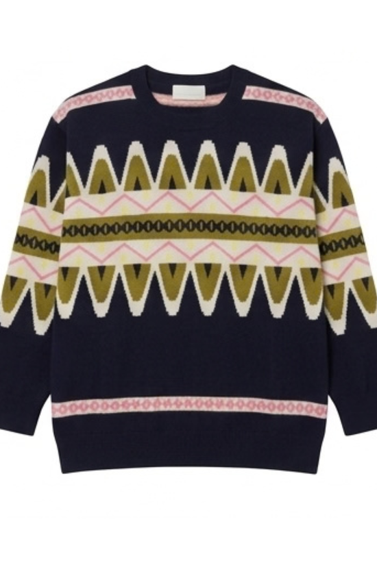 Cocoa Cashmere Navy Patterned Crew Neck Fine Knit Cashmere Sweater