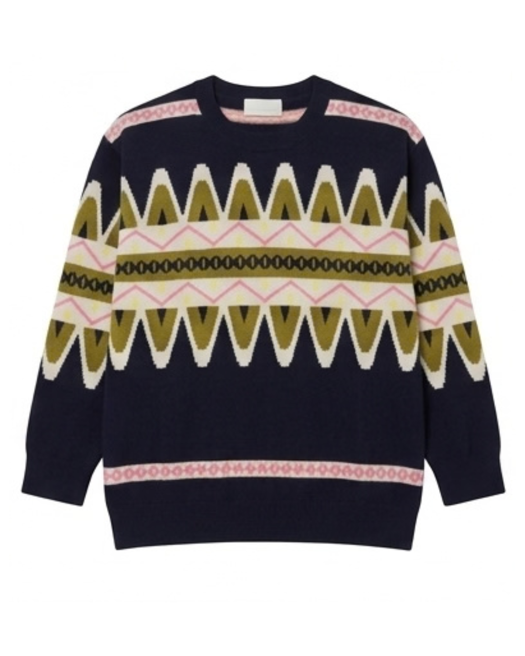 Cocoa Cashmere Navy Patterned Crew Neck Fine Knit Cashmere Sweater