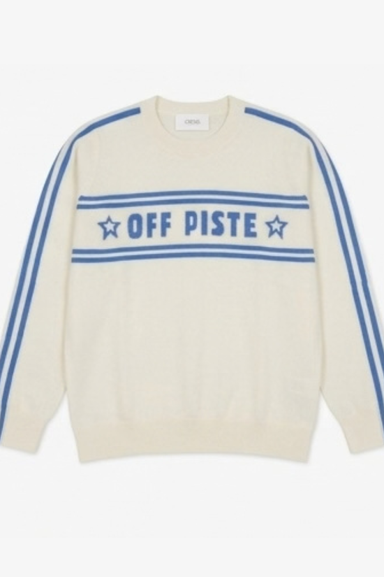 Cocoa Cashmere Off-White Cashmere Sweater ‘Off Piste’ Slogan & Blue Stripe Sleeves
