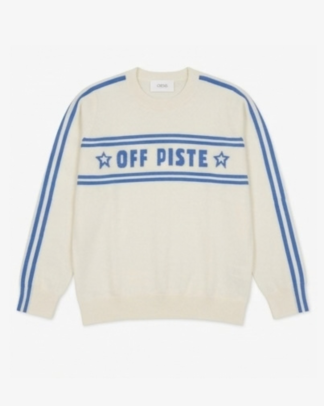 Cocoa Cashmere Off-White Cashmere Sweater ‘Off Piste’ Slogan & Blue Stripe Sleeves