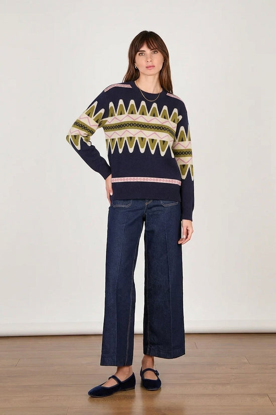 Cocoa Cashmere Navy Patterned Crew Neck Fine Knit Cashmere Sweater