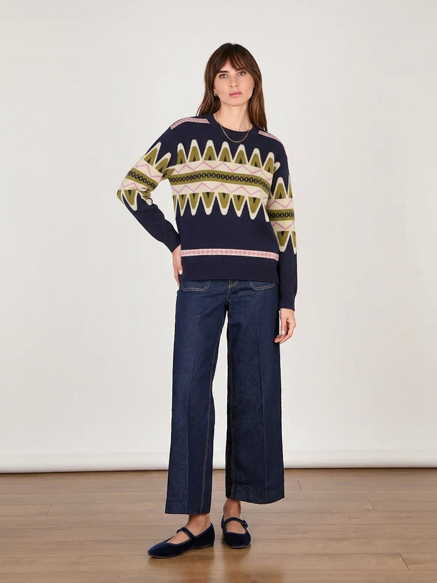 Cocoa Cashmere Navy Patterned Crew Neck Fine Knit Cashmere Sweater