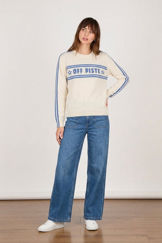 Cocoa Cashmere Off-White Cashmere Sweater ‘Off Piste’ Slogan & Blue Stripe Sleeves