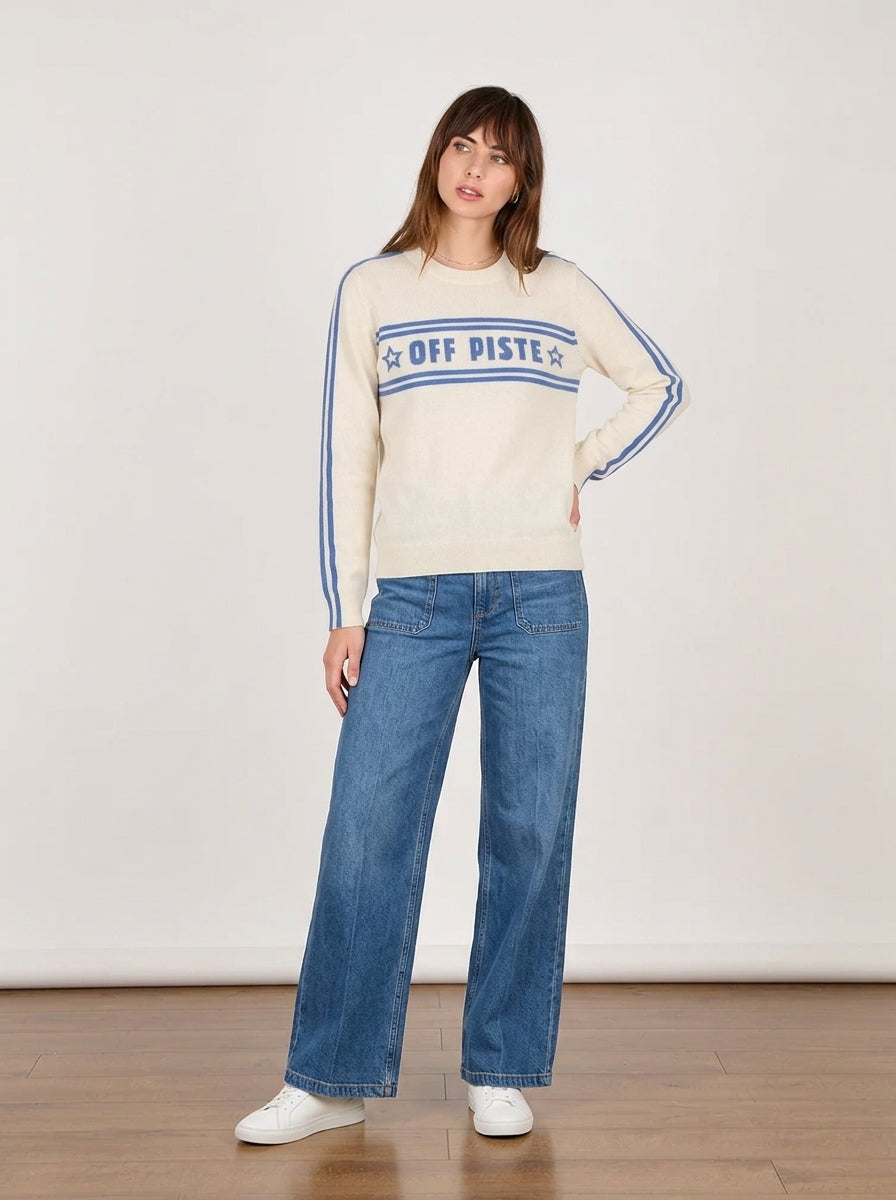 Cocoa Cashmere Off-White Cashmere Sweater ‘Off Piste’ Slogan & Blue Stripe Sleeves