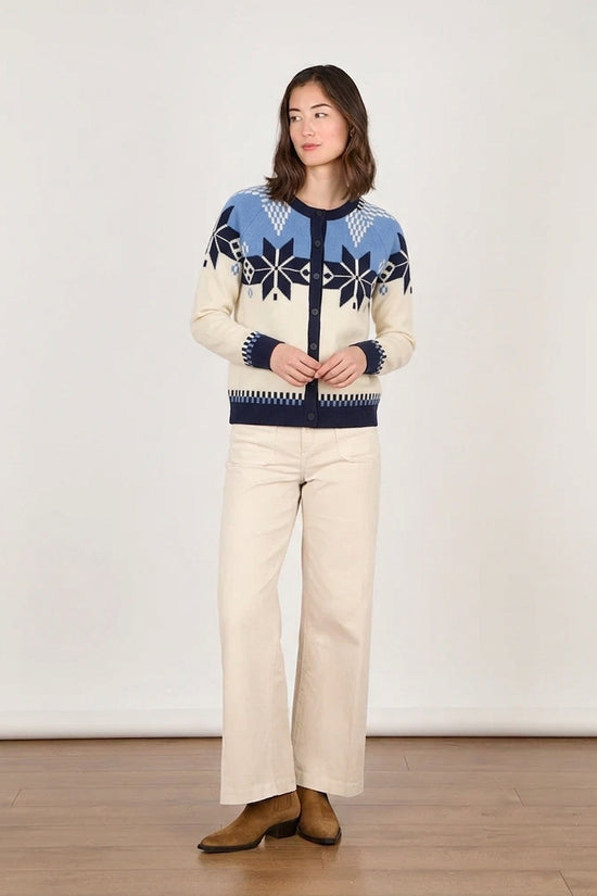 Cocoa Cashmere Pearl & Blue Patterned Cardigan – Wool Cashmere Blend