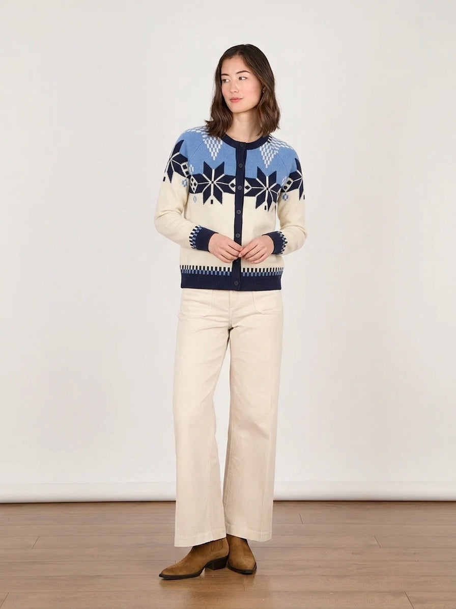 Cocoa Cashmere Pearl & Blue Patterned Cardigan – Wool Cashmere Blend