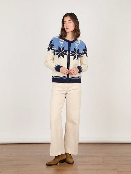 Cocoa Cashmere Pearl & Blue Patterned Cardigan – Wool Cashmere Blend