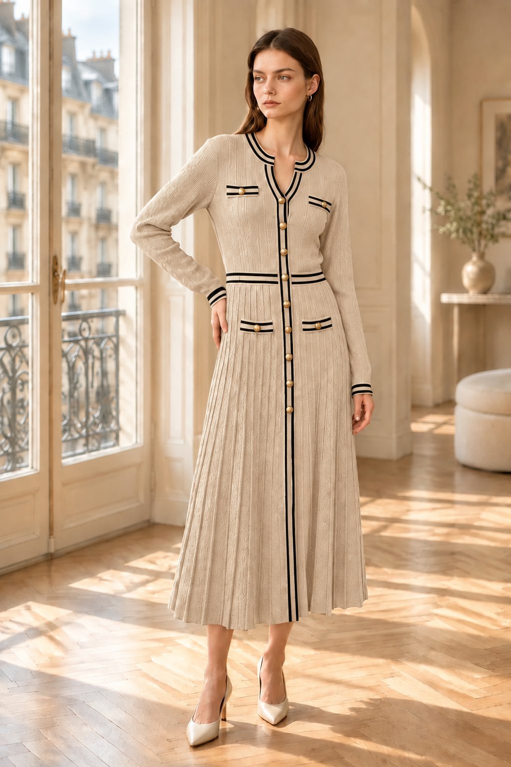 Glitz Black Ribbed Knit & Pleated Midi Dress with Gold Buttons