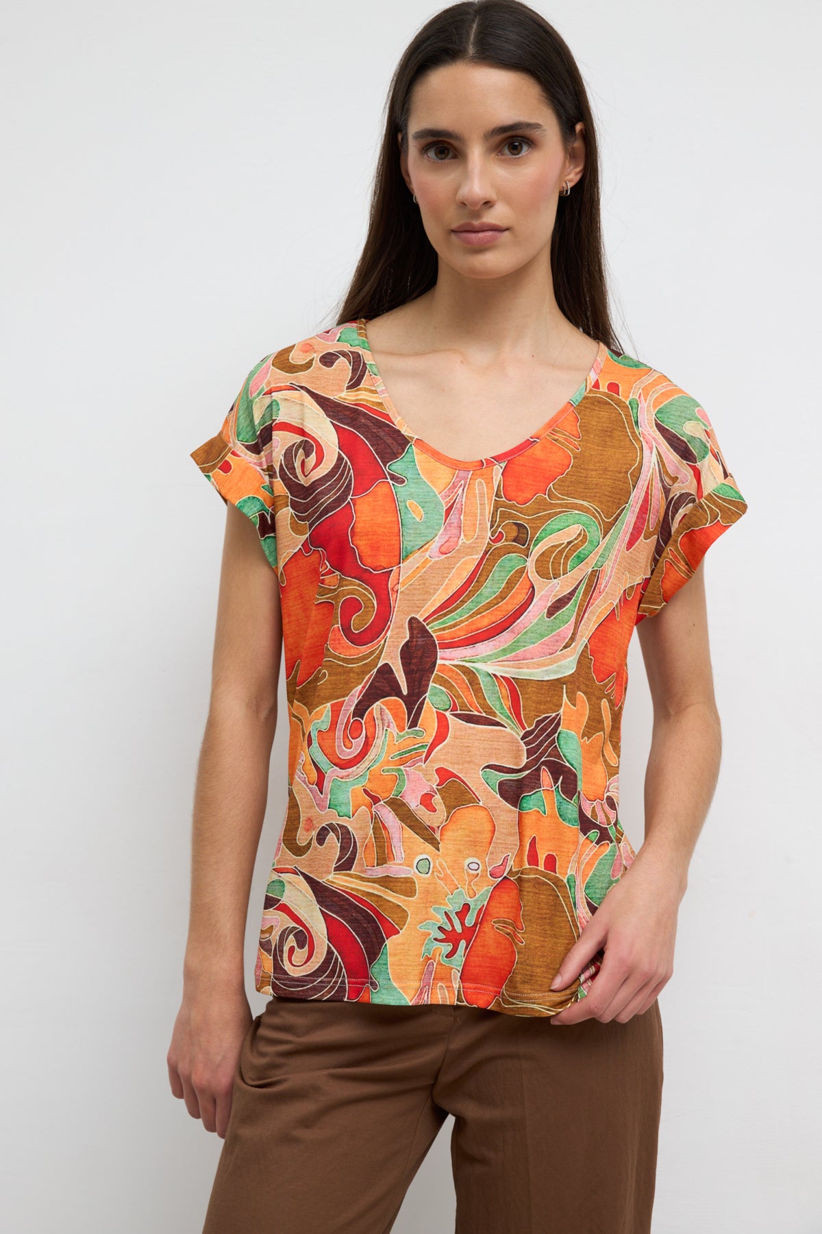 Tinta & Bariloche Orange Print Soft V-Neck Short Sleeve Top