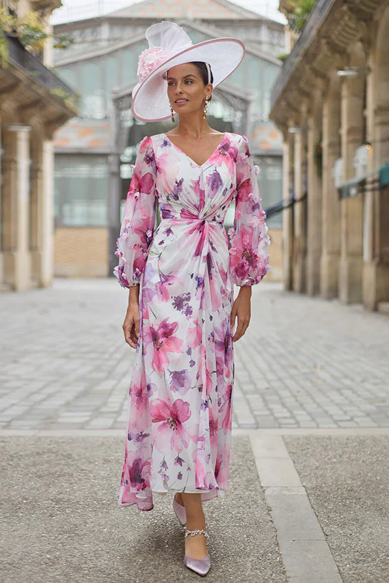 Couture Club Rose Floral Print Chiffon Midi Dress