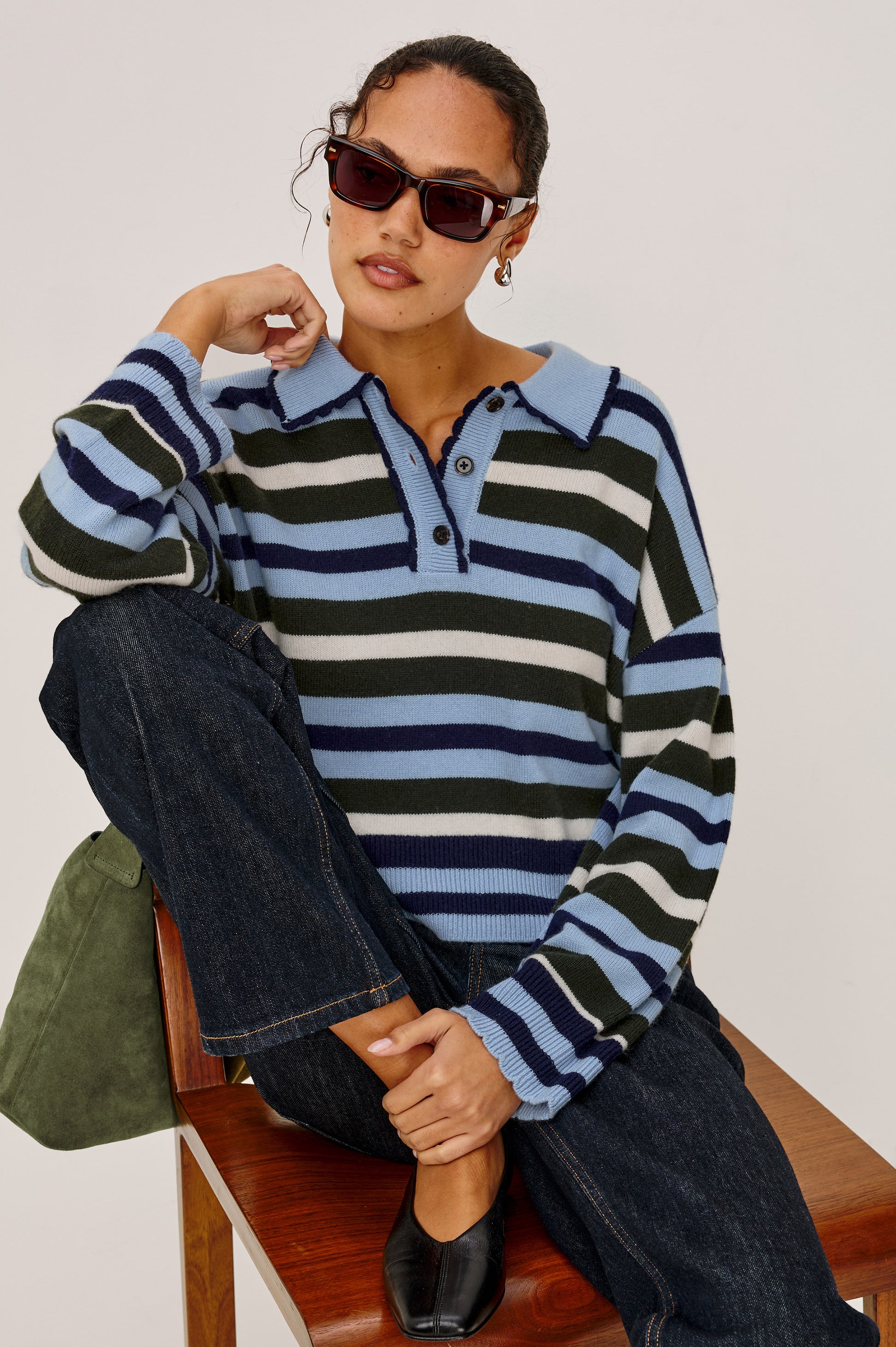 Rails Sky Blue Stripe Polo Sweater with Long Sleeves 