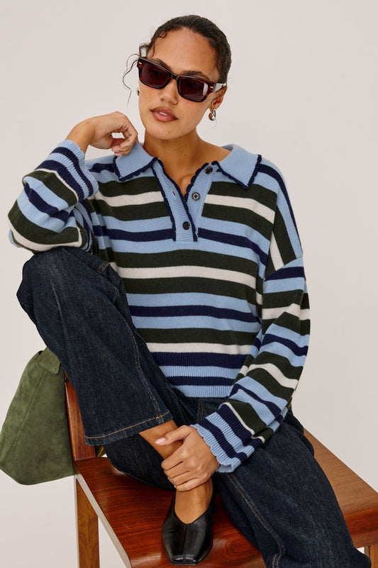 Rails Sky Blue Stripe Polo Sweater with Long Sleeves 