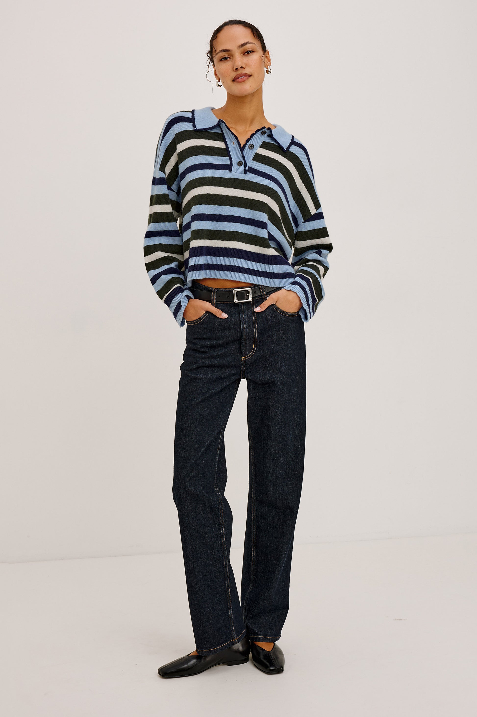 Rails Sky Blue Stripe Polo Sweater with Long Sleeves 