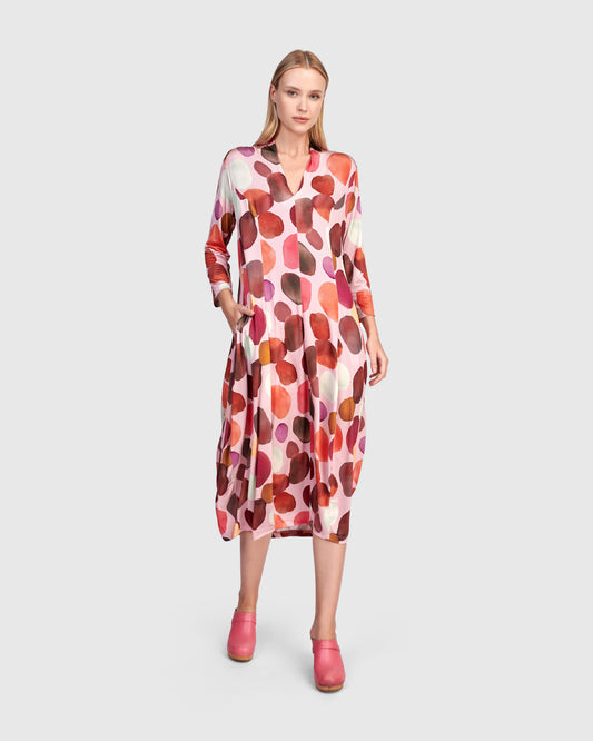Alembika Pink Large Spot Print Loose Fit Midi Dress with V‑Neck, 3/4 Sleeves and Side Pockets RD341M