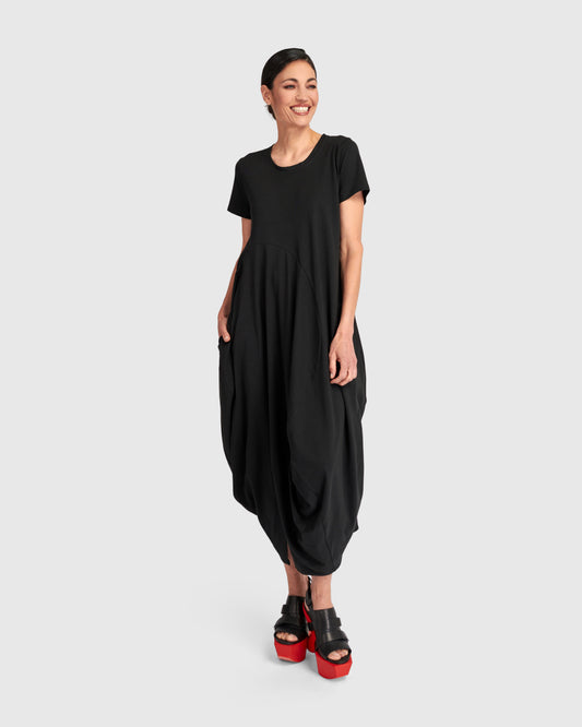 Black Cotton Maxi Bubble Dress with Round Neck and Short Sleeves UD130B