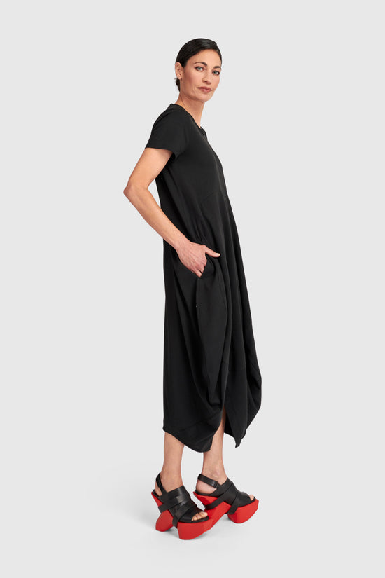 Black Cotton Maxi Bubble Dress with Round Neck and Short Sleeves UD130B