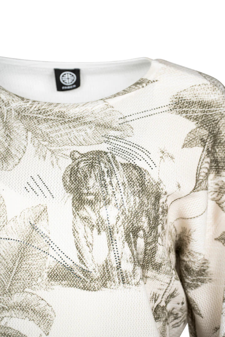 Faber Ivory Khaki Tropical Tiger Print Sweater – Figure-Hugging 3/4 Batwing Sleeve Knit 95407