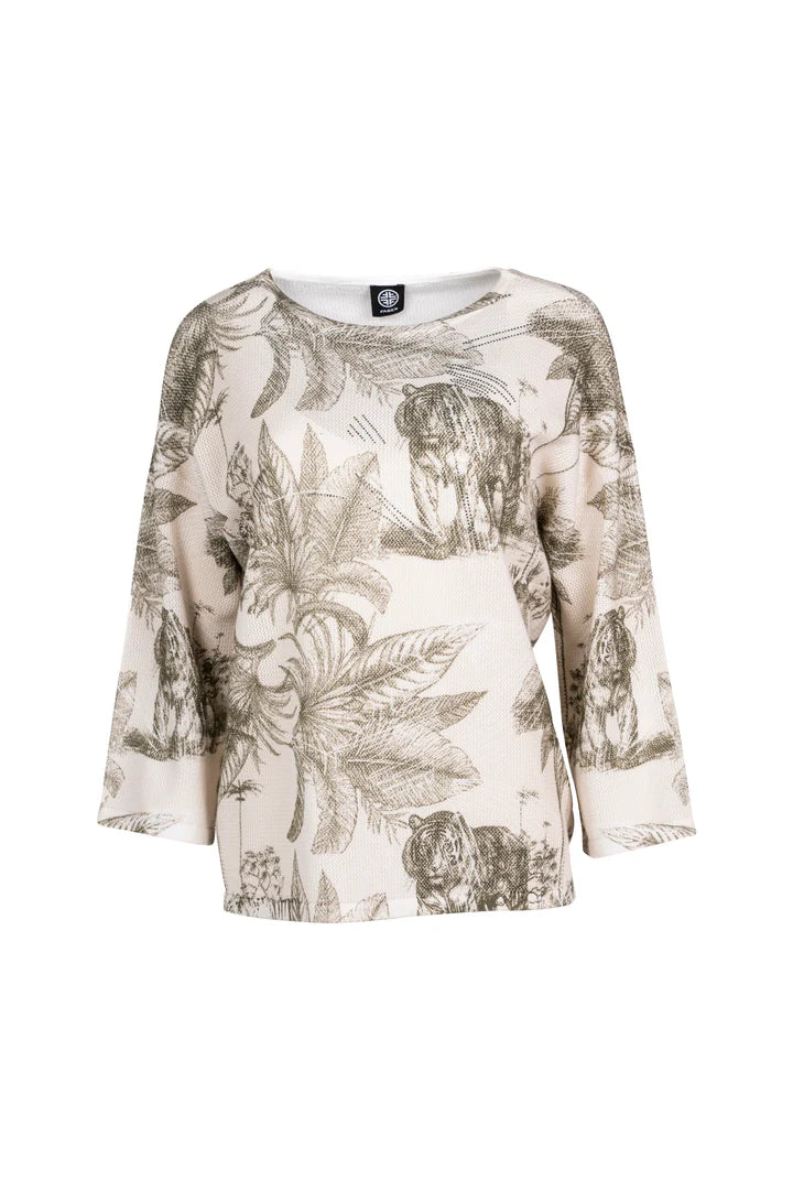 Faber Ivory Khaki Tropical Tiger Print Sweater – Figure-Hugging 3/4 Batwing Sleeve Knit 95407
