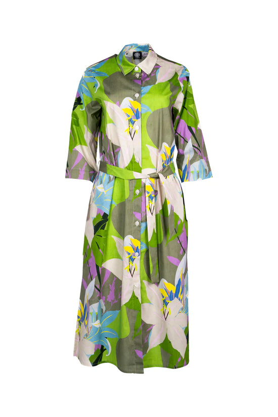 Faber Colourful Exotic Floral Shirt Dress – 3/4 Sleeve Tie-Belt Cotton Dress 65703