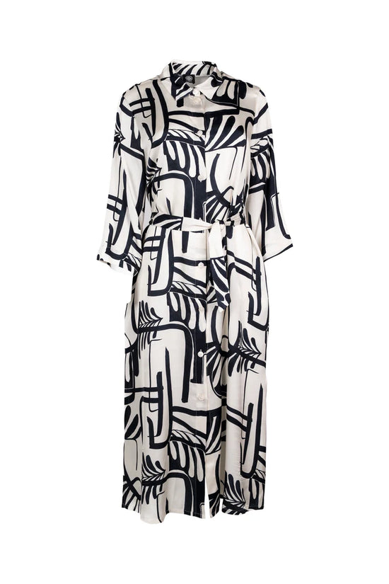 Faber Black & Ivory Graphic Art Print Shirt Dress – 3/4 Sleeve Viscose Tie-Belt Dress 65702