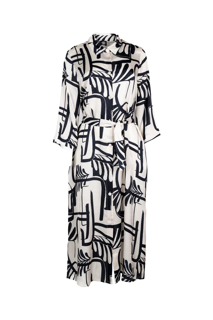 Faber Black & Ivory Graphic Art Print Shirt Dress – 3/4 Sleeve Viscose Tie-Belt Dress 65702