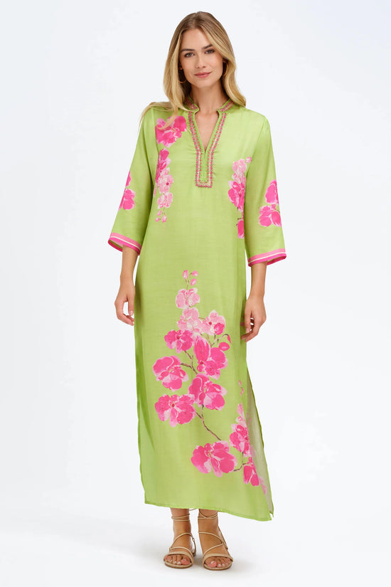 Bella Tu Green with Pink Orchid Print 3/4 Sleeve Caftan Dress ELISE