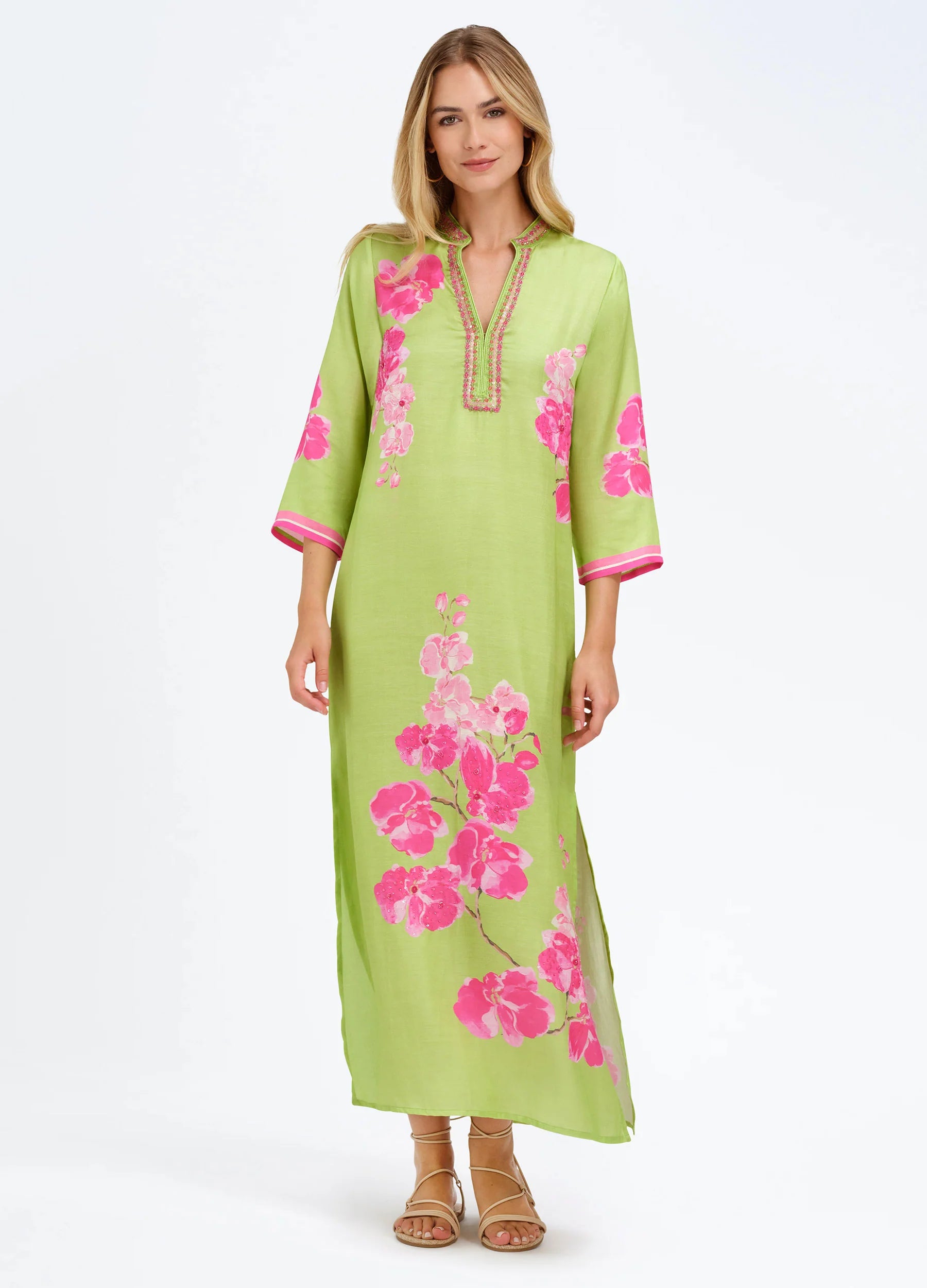 Bella Tu Green with Pink Orchid Print 3/4 Sleeve Caftan Dress ELISE