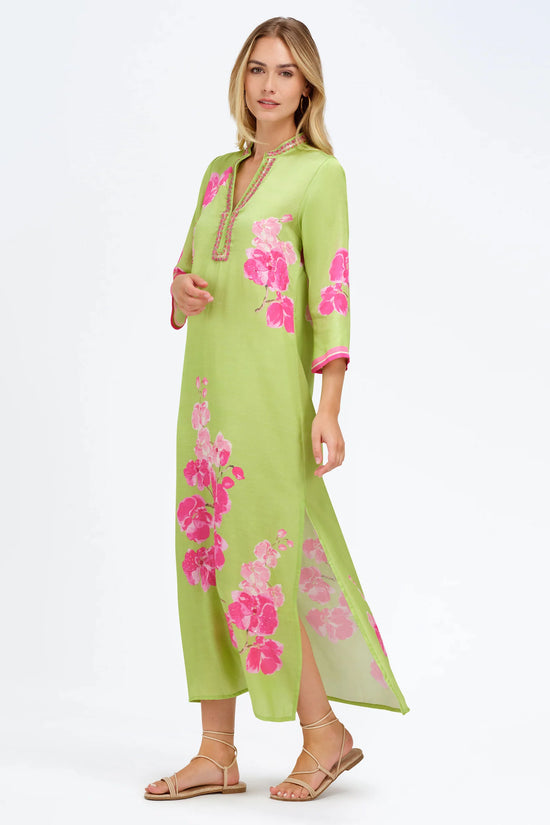 Bella Tu Green with Pink Orchid Print 3/4 Sleeve Caftan Dress ELISE