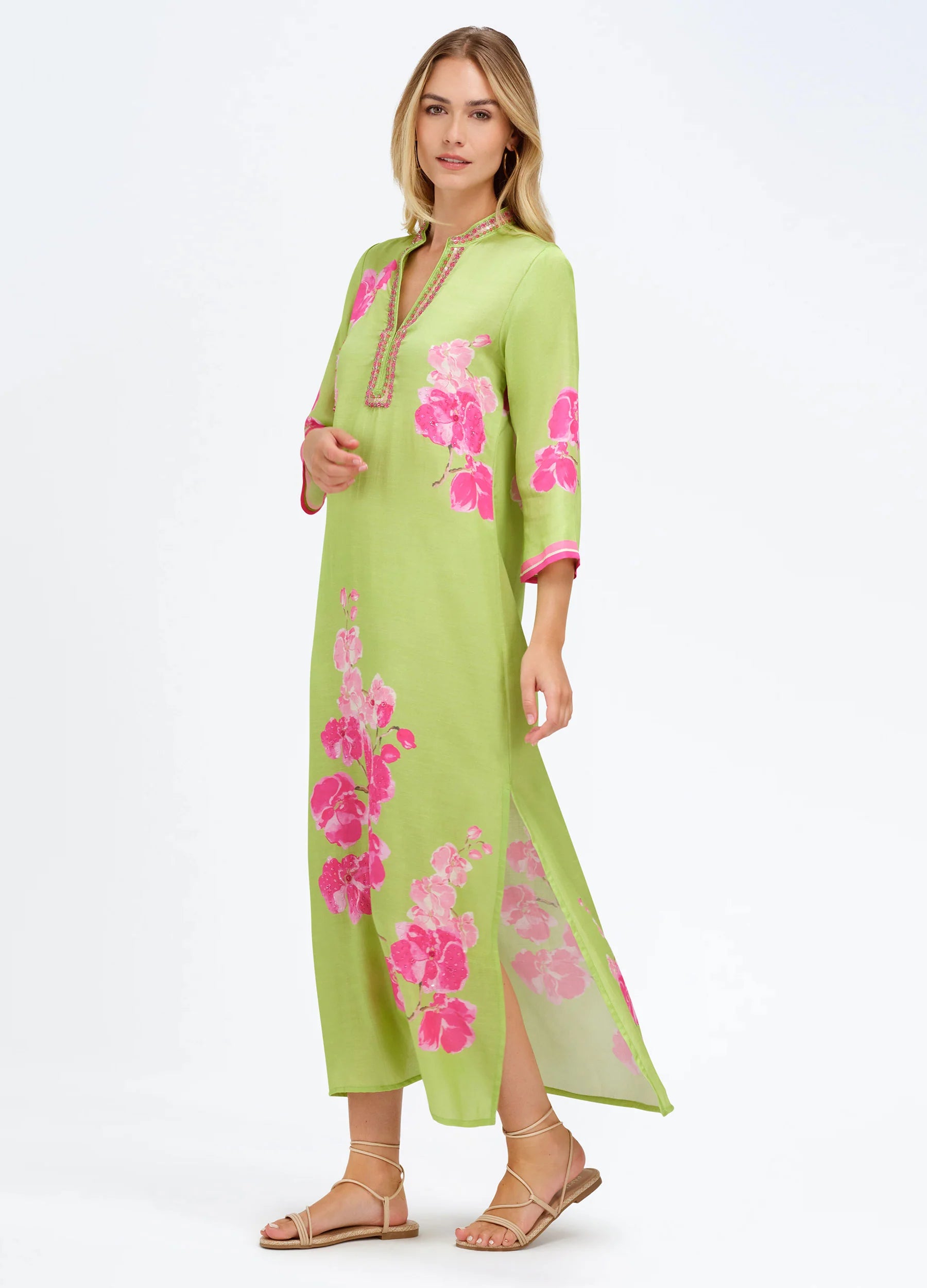 Bella Tu Green with Pink Orchid Print 3/4 Sleeve Caftan Dress ELISE