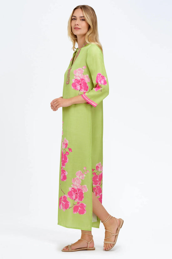 Bella Tu Green with Pink Orchid Print 3/4 Sleeve Caftan Dress ELISE