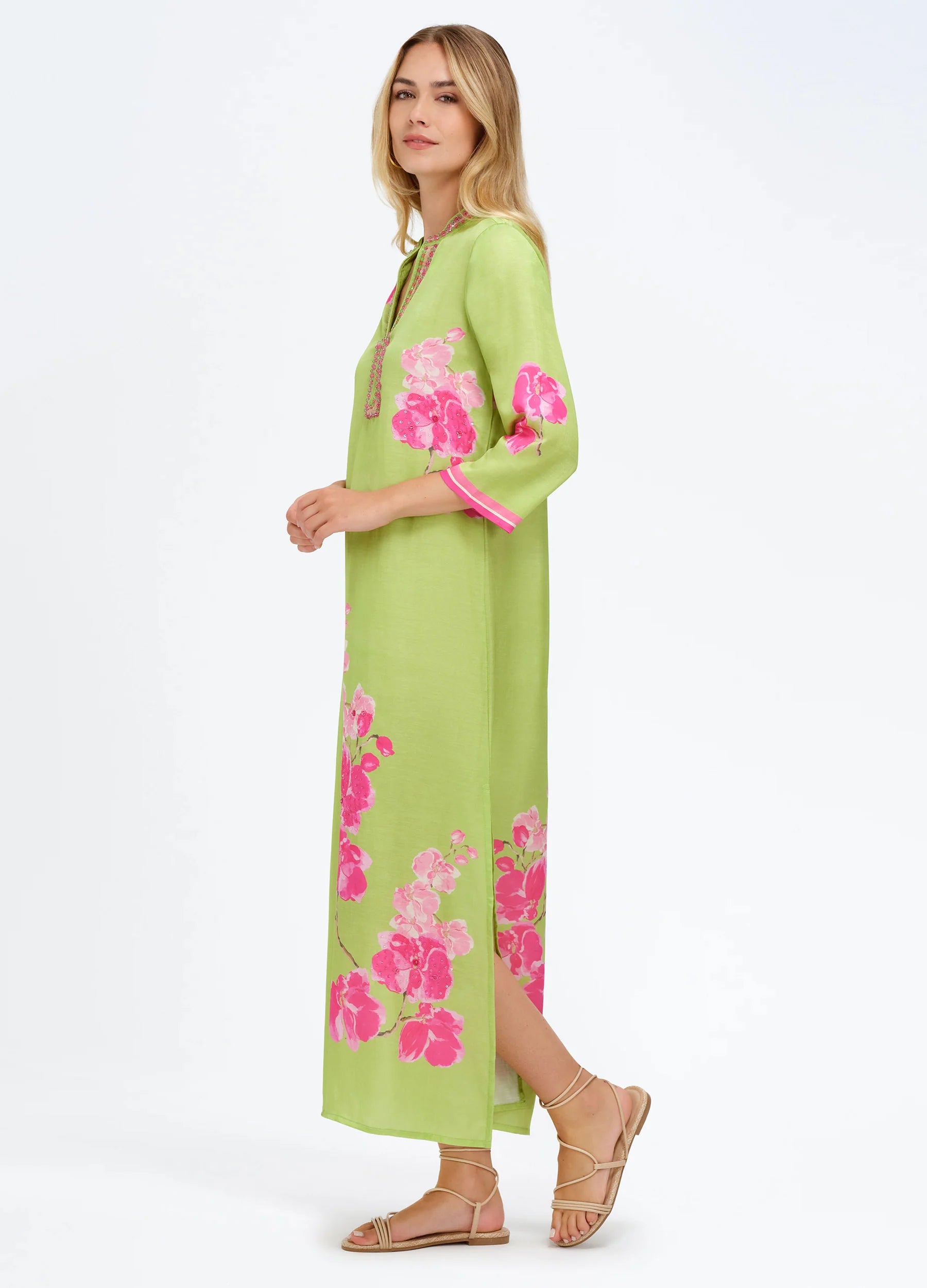 Bella Tu Green with Pink Orchid Print 3/4 Sleeve Caftan Dress ELISE