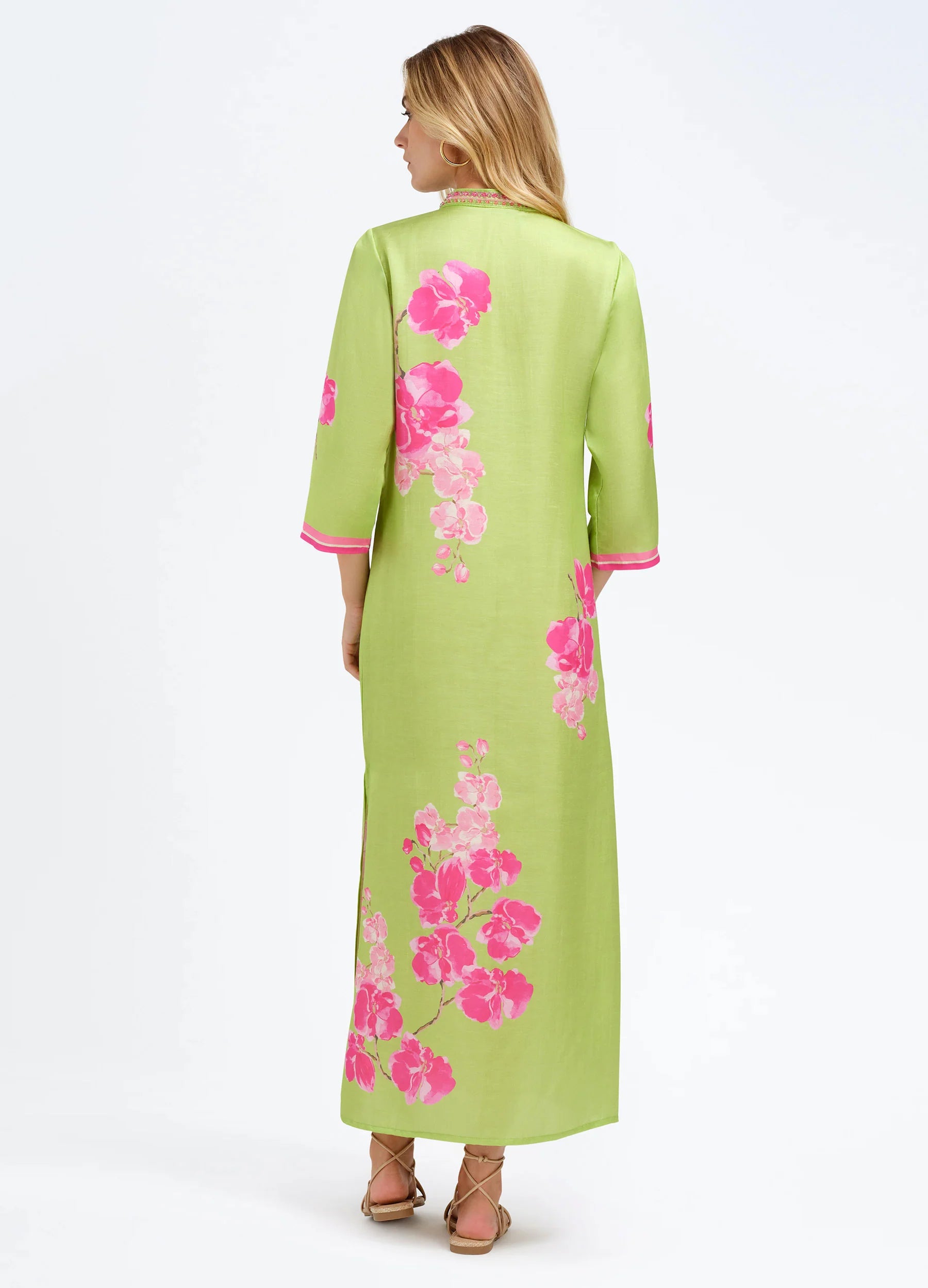 Bella Tu Green with Pink Orchid Print 3/4 Sleeve Caftan Dress ELISE