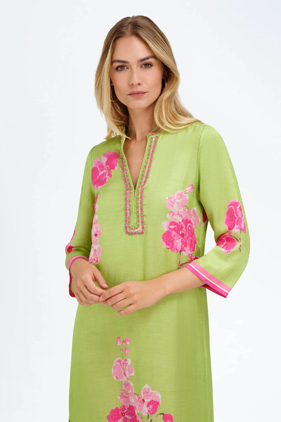 Bella Tu Green with Pink Orchid Print 3/4 Sleeve Caftan Dress ELISE
