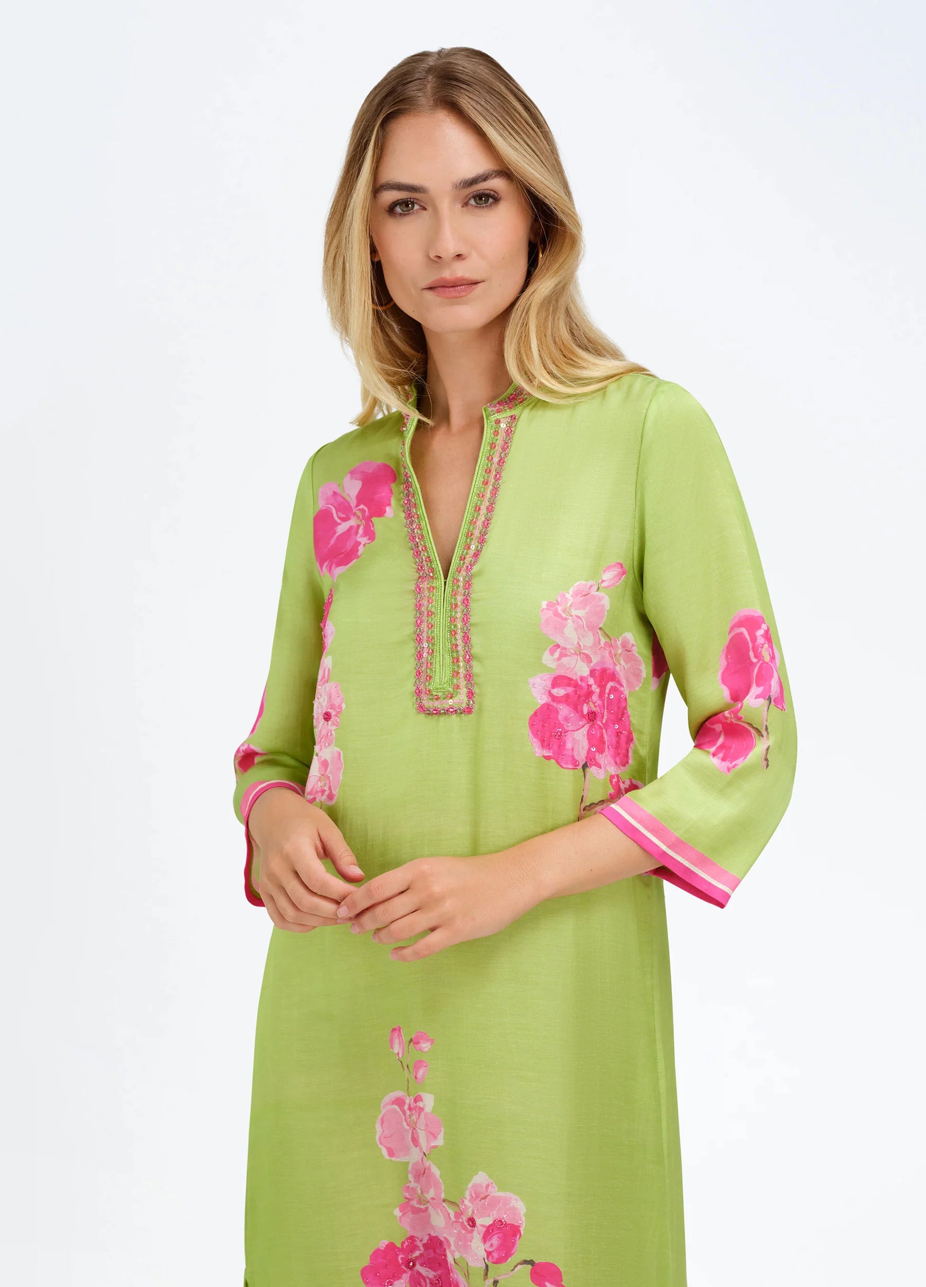 Bella Tu Green with Pink Orchid Print 3/4 Sleeve Caftan Dress ELISE