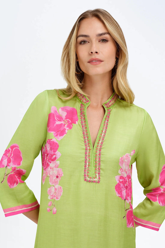 Bella Tu Green with Pink Orchid Print 3/4 Sleeve Caftan Dress ELISE