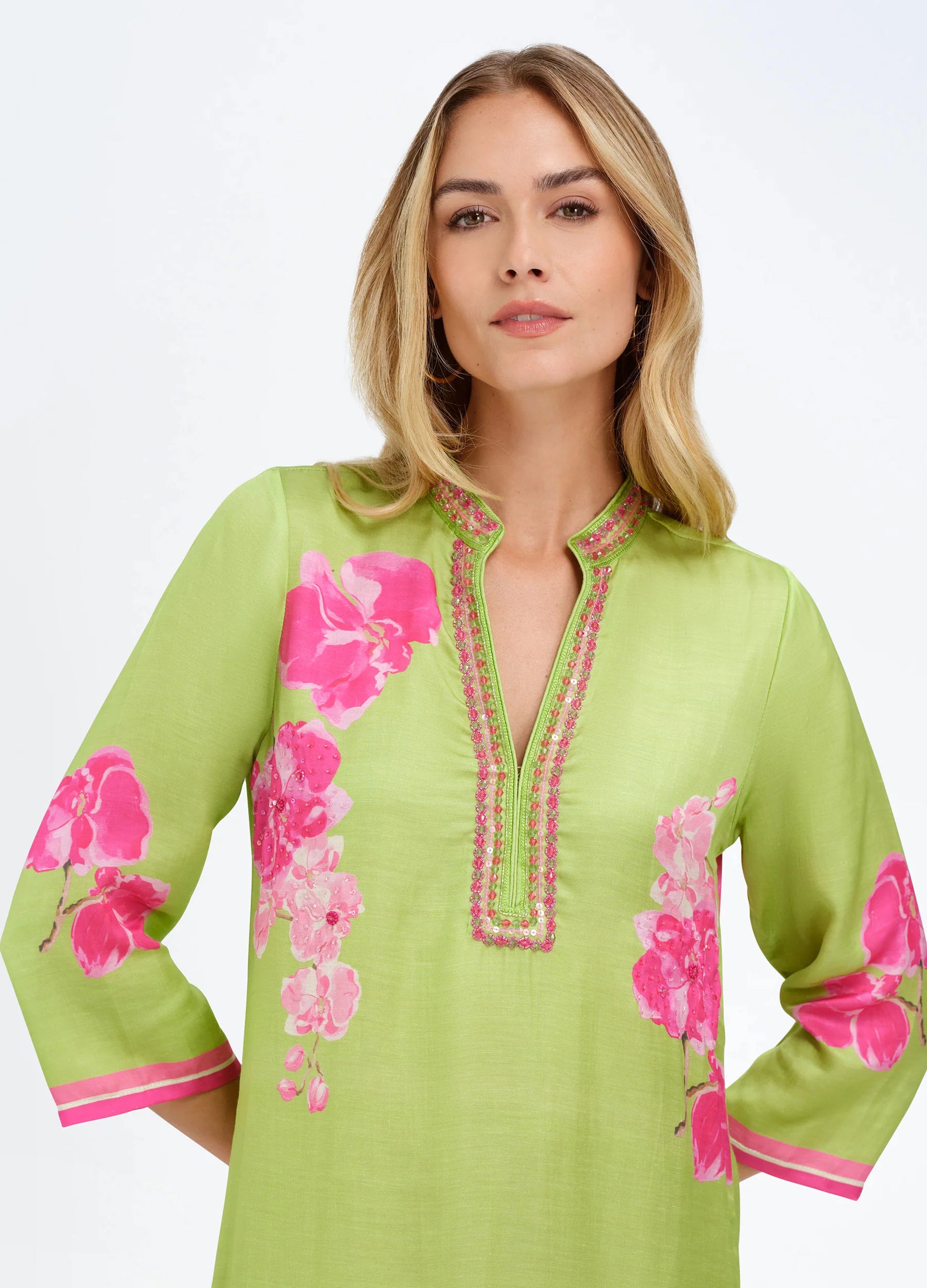 Bella Tu Green with Pink Orchid Print 3/4 Sleeve Caftan Dress ELISE