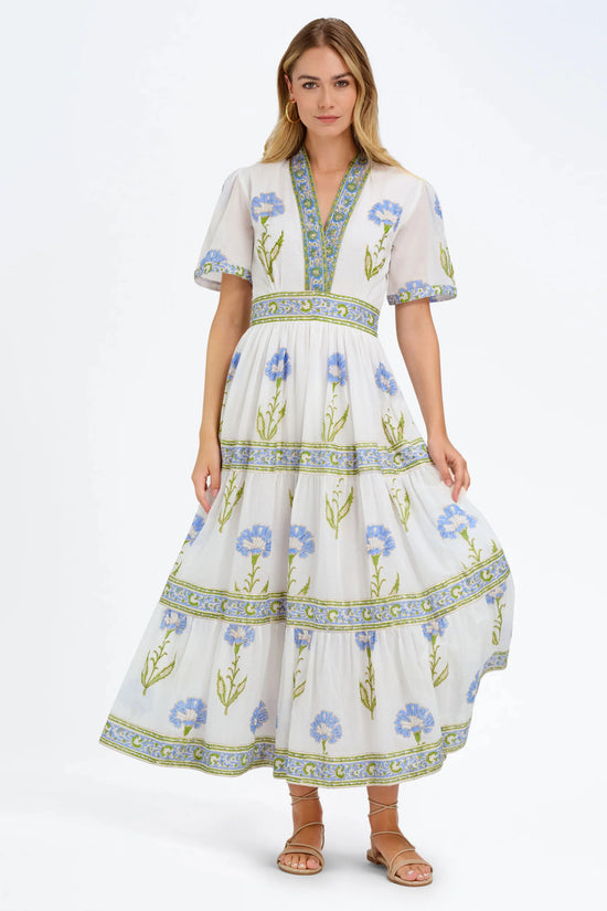 Bella Tu White with Blue Floral Print V-Neck Midi Dress ERIN