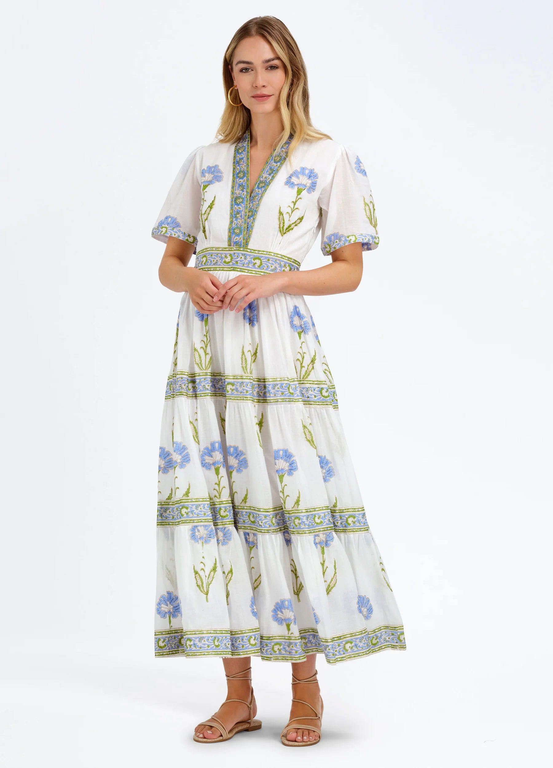 Bella Tu White with Blue Floral Print V-Neck Midi Dress ERIN - Jane Young Bella Tu White with Blue Floral Print V-Neck Midi Dress ERIN - Jane Young