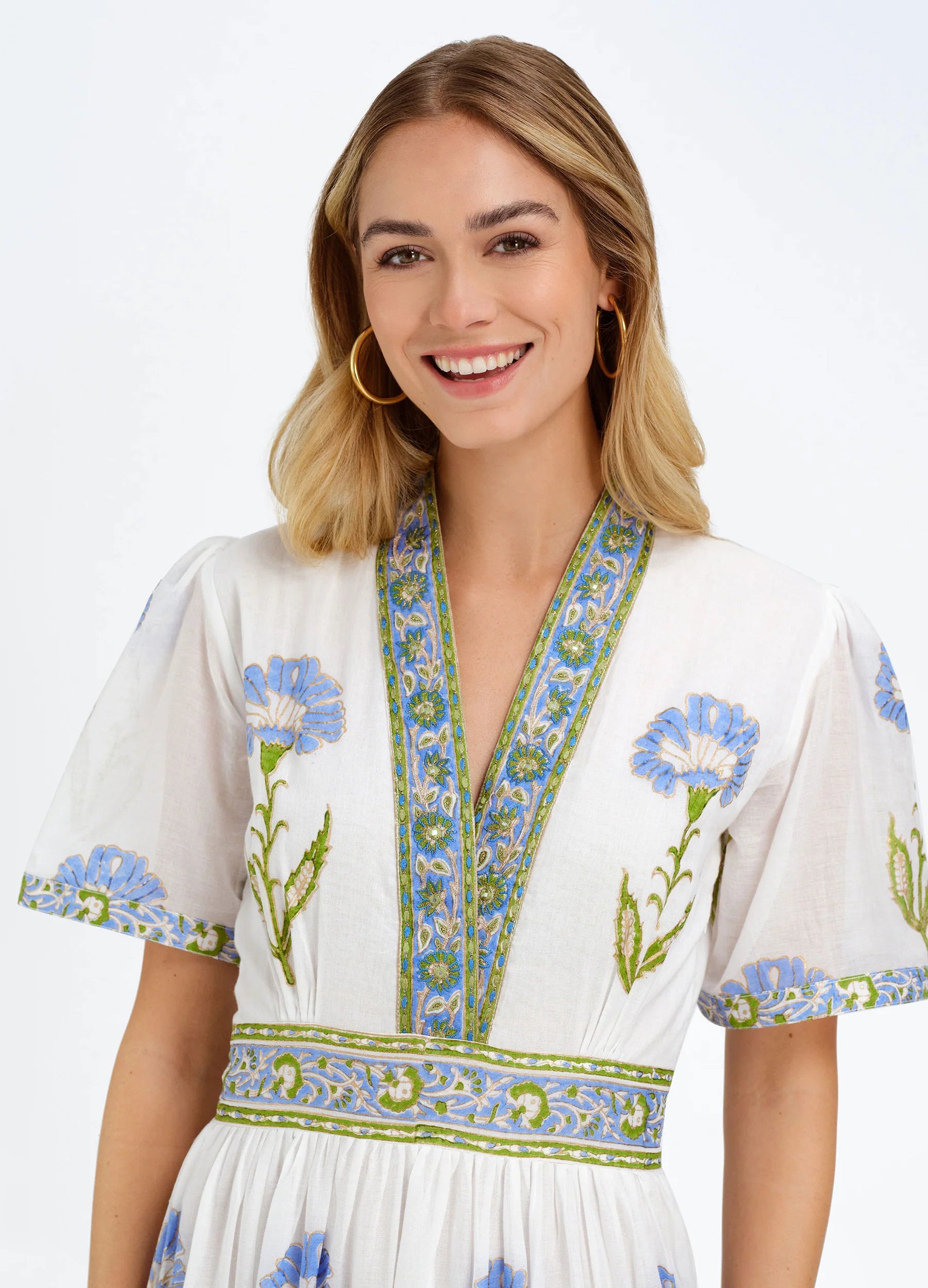 Bella Tu White with Blue Floral Print V-Neck Midi Dress ERIN - Jane Young Bella Tu White with Blue Floral Print V-Neck Midi Dress ERIN - Jane Young