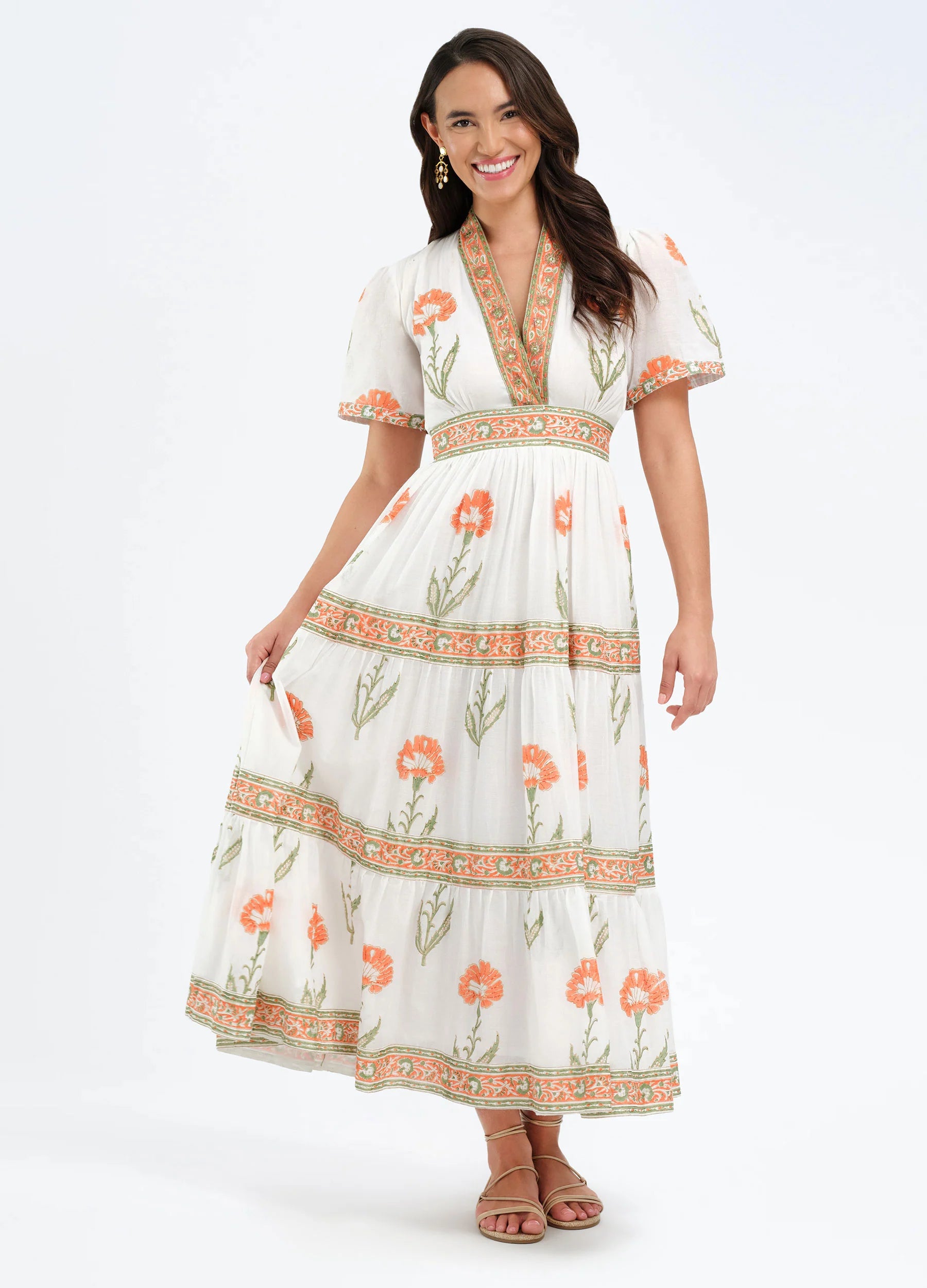 Bella Tu White & Coral Floral Print V-Neck Midi Dress ERIN