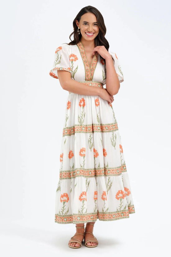 Bella Tu White & Coral Floral Print V-Neck Midi Dress ERIN