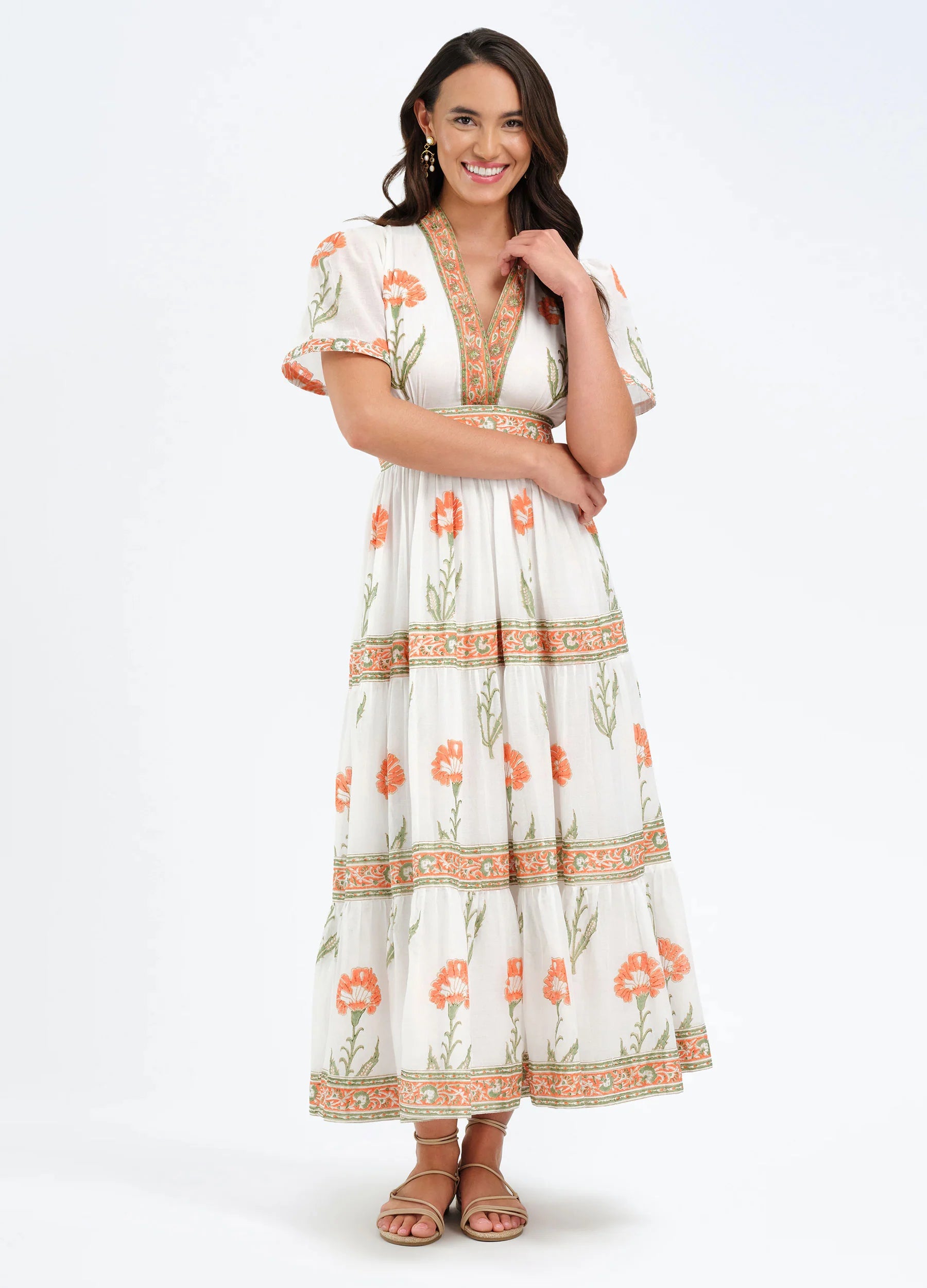 Bella Tu White & Coral Floral Print V-Neck Midi Dress ERIN