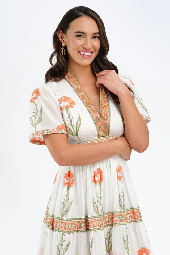 Bella Tu White & Coral Floral Print V-Neck Midi Dress ERIN