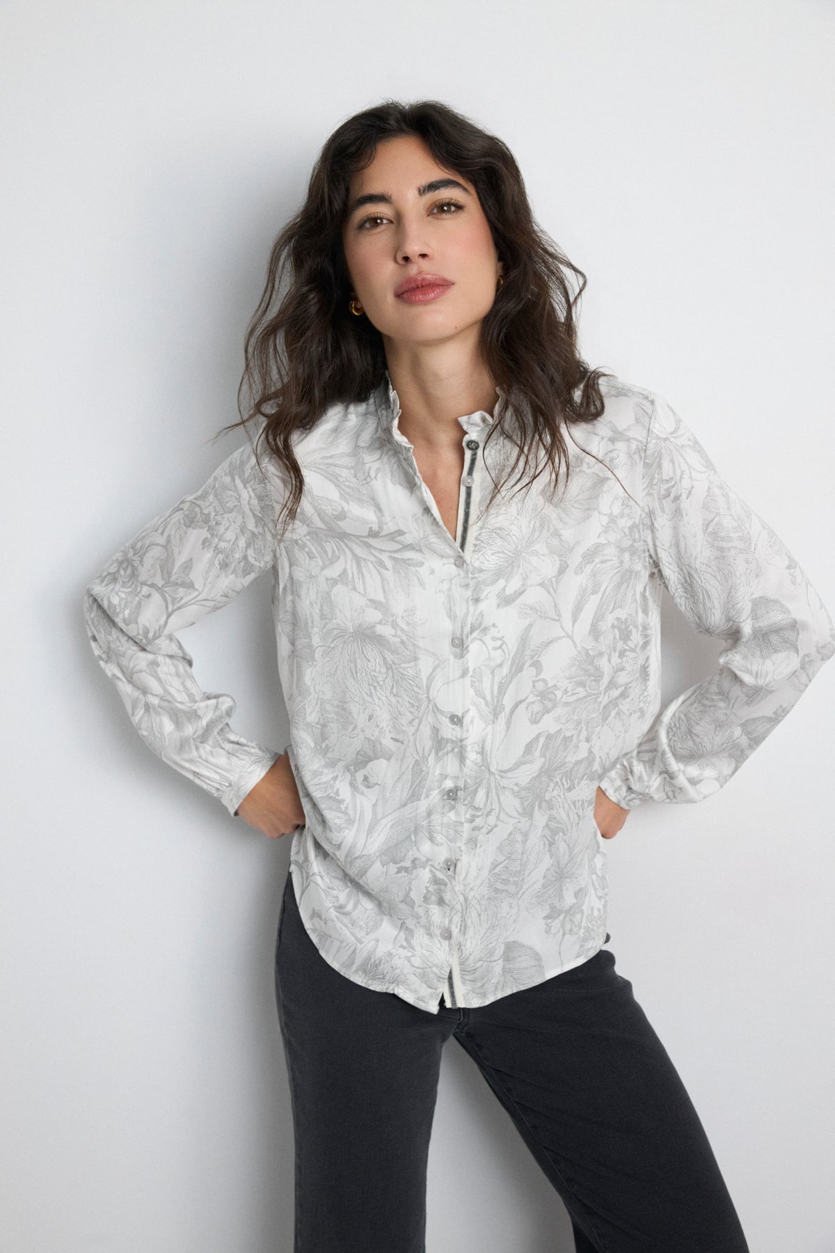 Tinta & Bariloche Grey Floral Print Blouse with Frill Collar