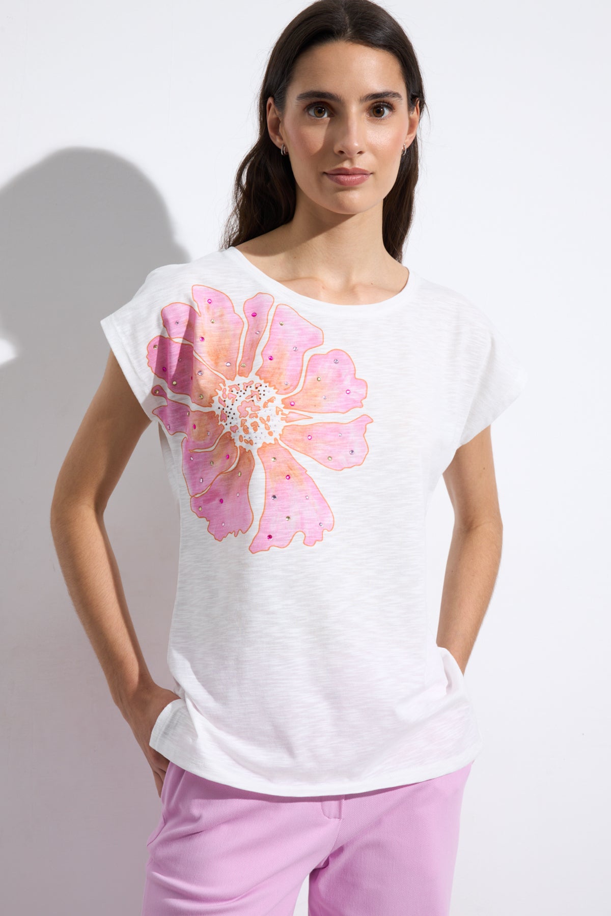 Tinta & Bariloche White Round Neck Short Sleeve T-Shirt with large flower print