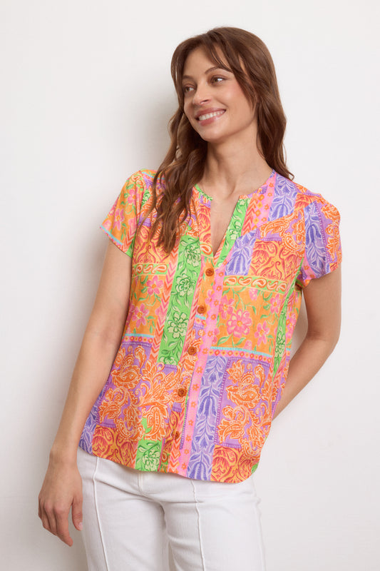 Tinta & Bariloche Bright Orange Print Blouse with Open V-Neck, Fluttered Cap Sleeve EVIA26