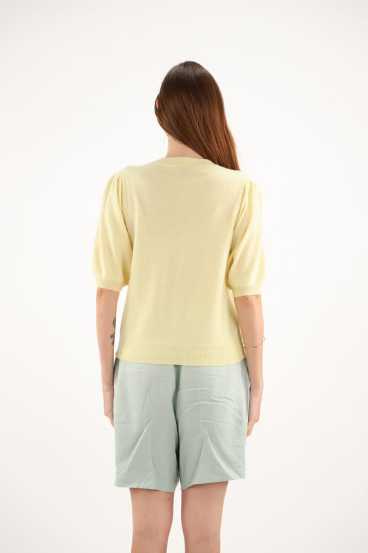 Estheme Yellow Cashmere Cardigan – Round Neck, Short Sleeve Button-Up Knit F2612C